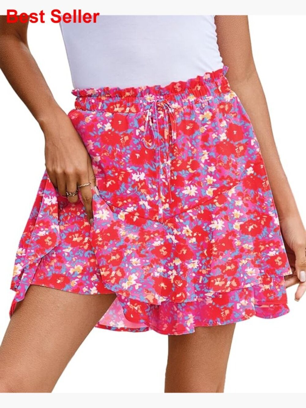 Floral Ruffled Chiffon Skorts, Elastic Waist with Drawstring, Lightweight Summer